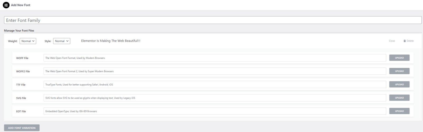 Add New Font screen with font name field and WOFF2 file variation upload