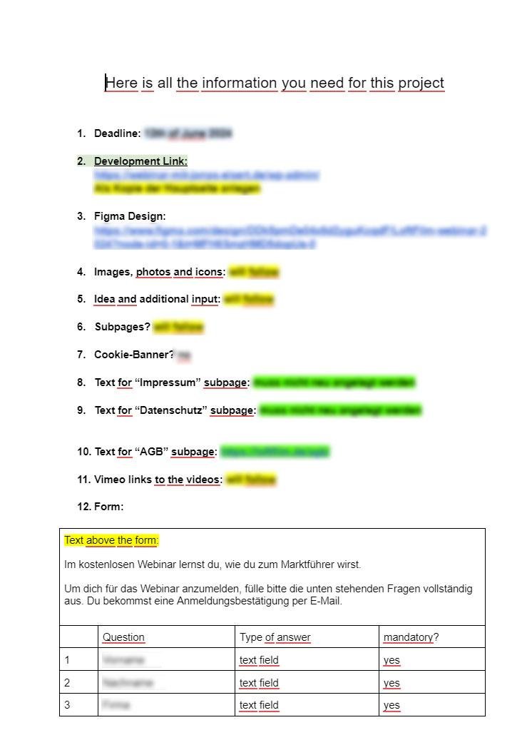 Development instruction sheet — first part with deadline, links and project data