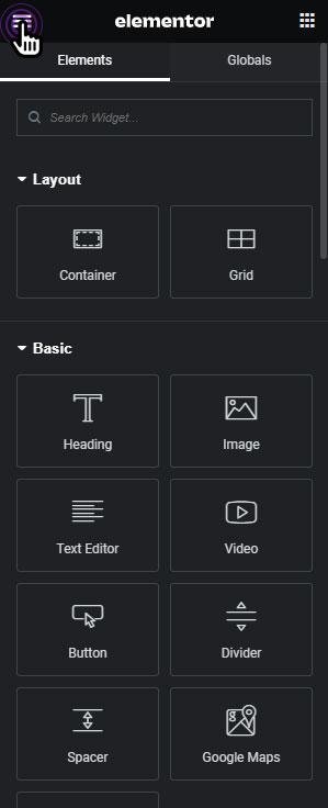 Elementor editor with the additional hamburger menu highlighted