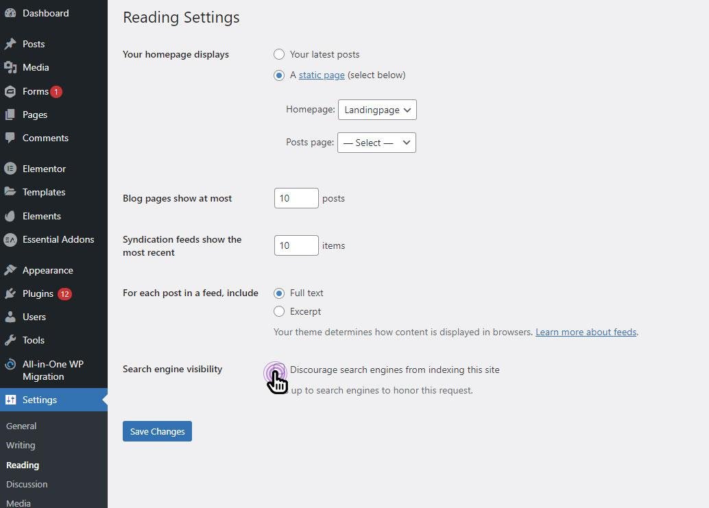 WordPress Reading settings with the option Discourage search engines from indexing this site checked