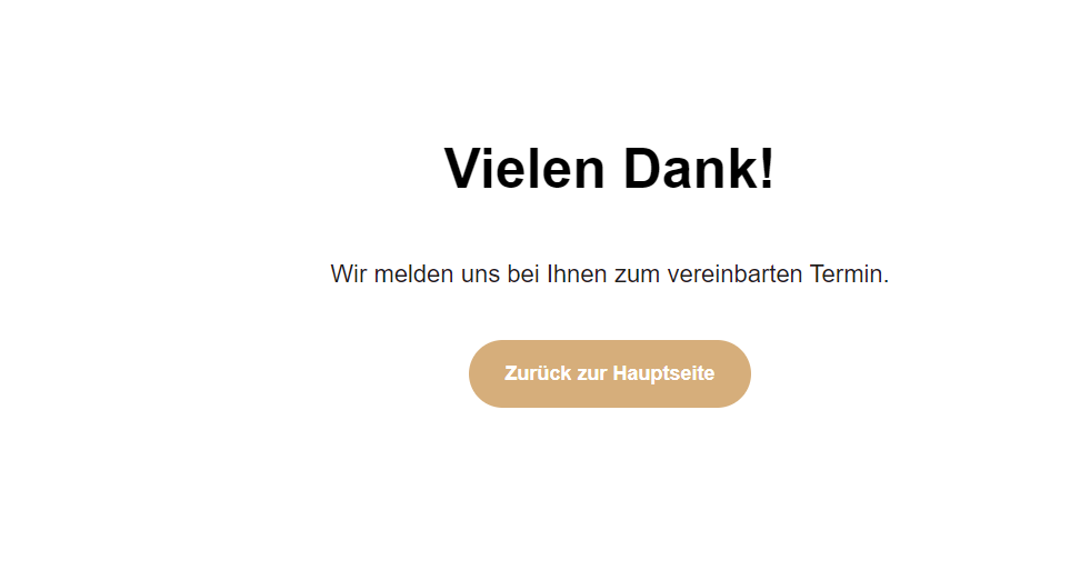 Danke page example with Zurück zur Hauptseite button