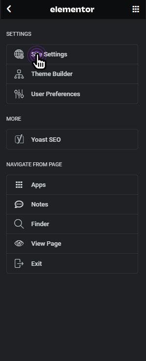 Elementor menu with Site Settings option highlighted