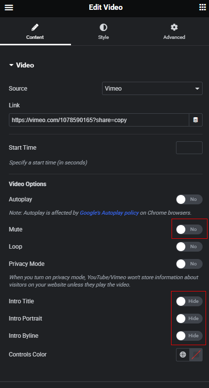 Elementor Video element options with Mute disabled and intro options turned off