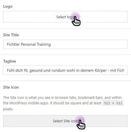 Site Identity panel with Select logo and Select site icon options